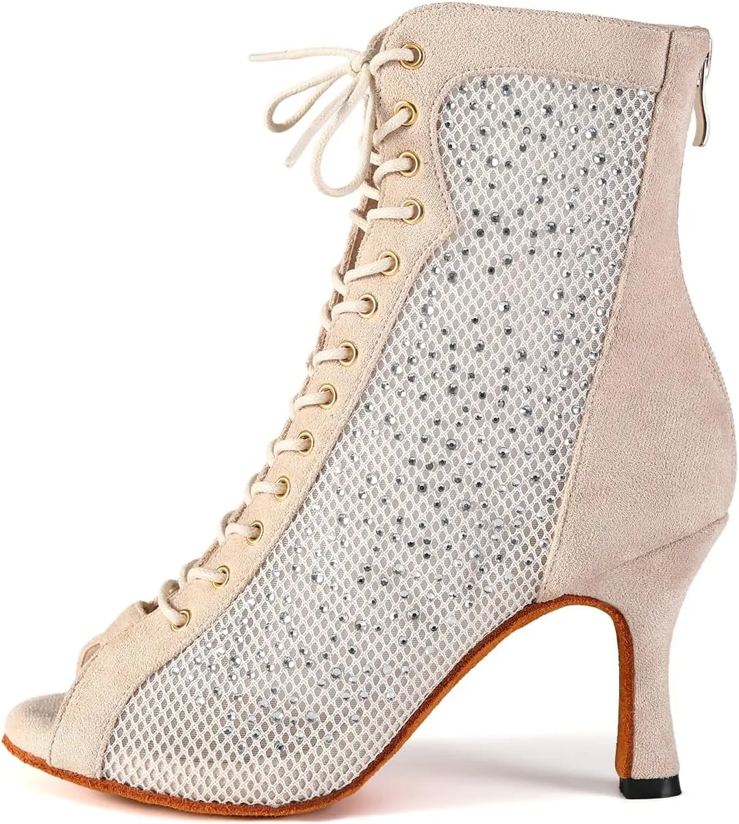 HROYL Women Peep Toe Mesh Lace up Ankle Boots Rhinestone Latin Ballroom Salsa Dancing Heels Boots,DS-7180