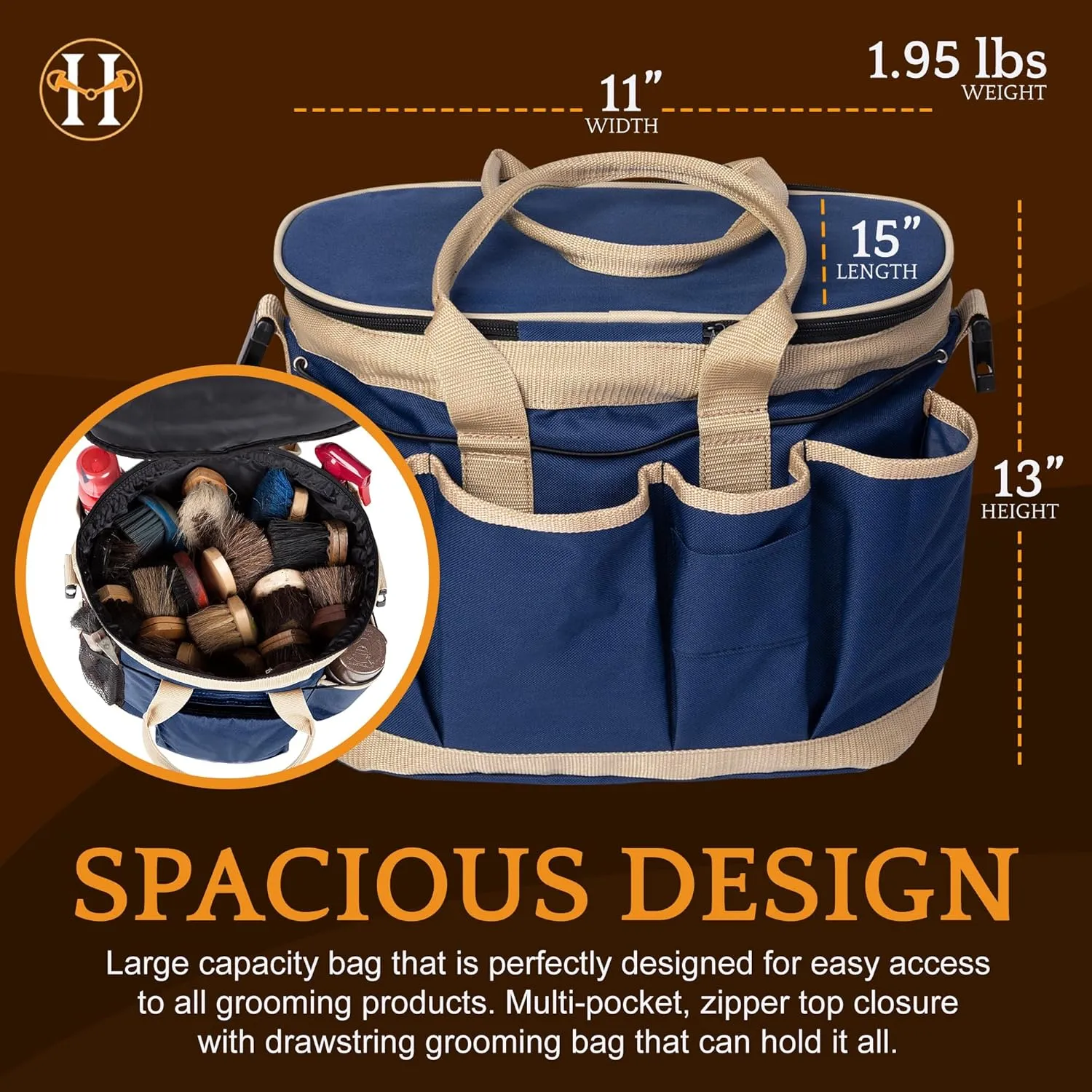 Huntley Equestrian Deluxe Grooming Bag Perfectly Designed Easy Access Multi Pocket Zipper Top Closure Double Handles Shoulder Strap Exterior Pockets