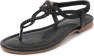 iCKER Women Rhinestone Sandals T-Strap Buckle Bohemian Pearl Crystal Flat Sandals