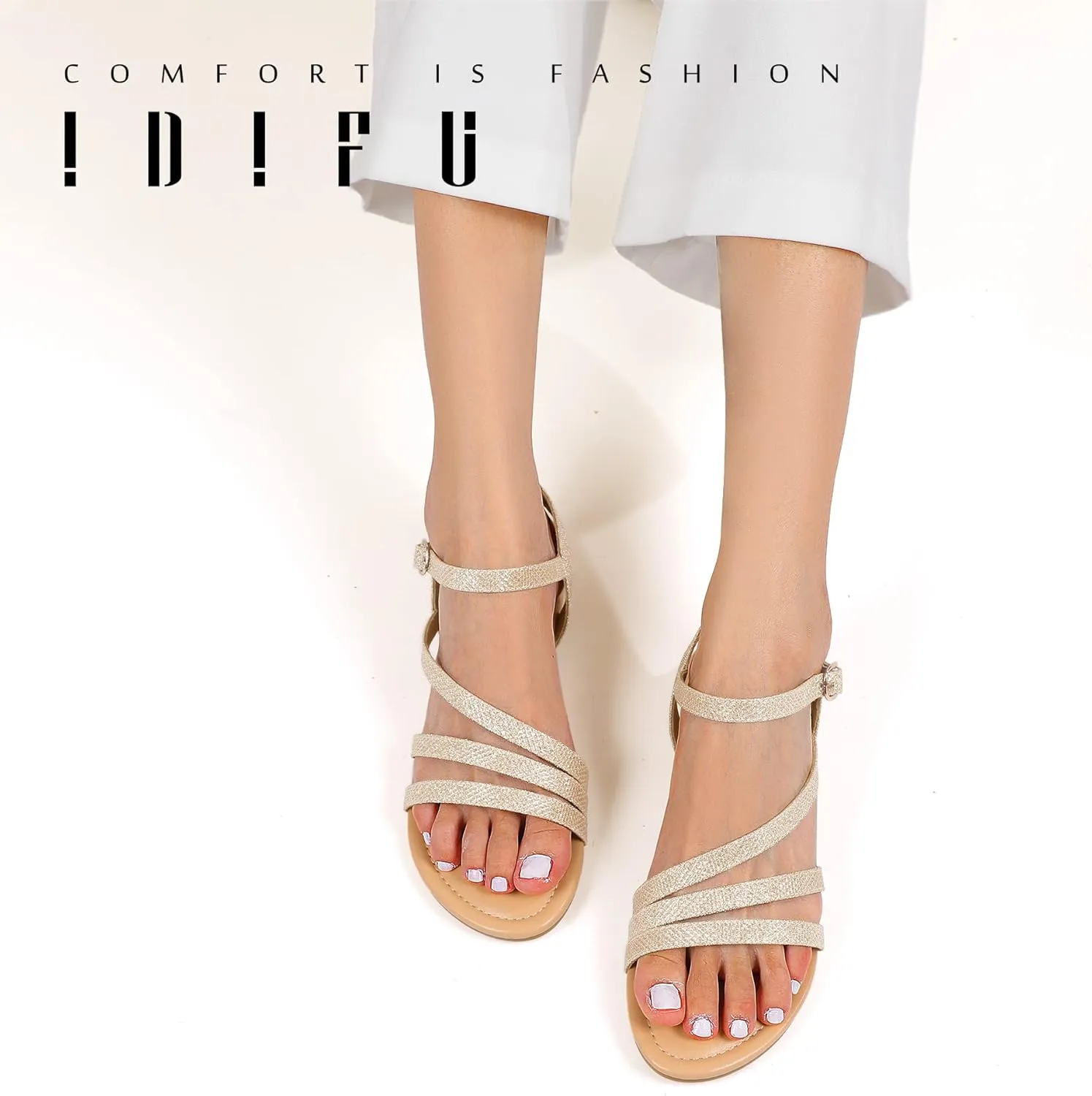 IDIFU Strappy Sandals for Women Dressy Summer Flat Sandals with Back Strap Open Toe Slingback Ankle Strap Sandals Wedding Bridal Prom Bride Bridesmaid Sandals Comfortable Cute Casual Dress Sandals