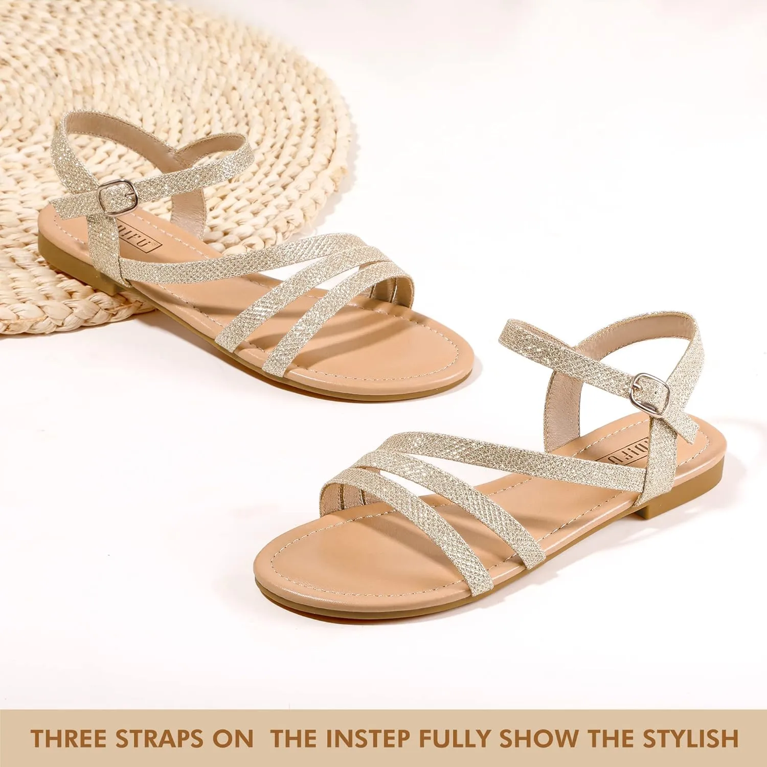 IDIFU Strappy Sandals for Women Dressy Summer Flat Sandals with Back Strap Open Toe Slingback Ankle Strap Sandals Wedding Bridal Prom Bride Bridesmaid Sandals Comfortable Cute Casual Dress Sandals