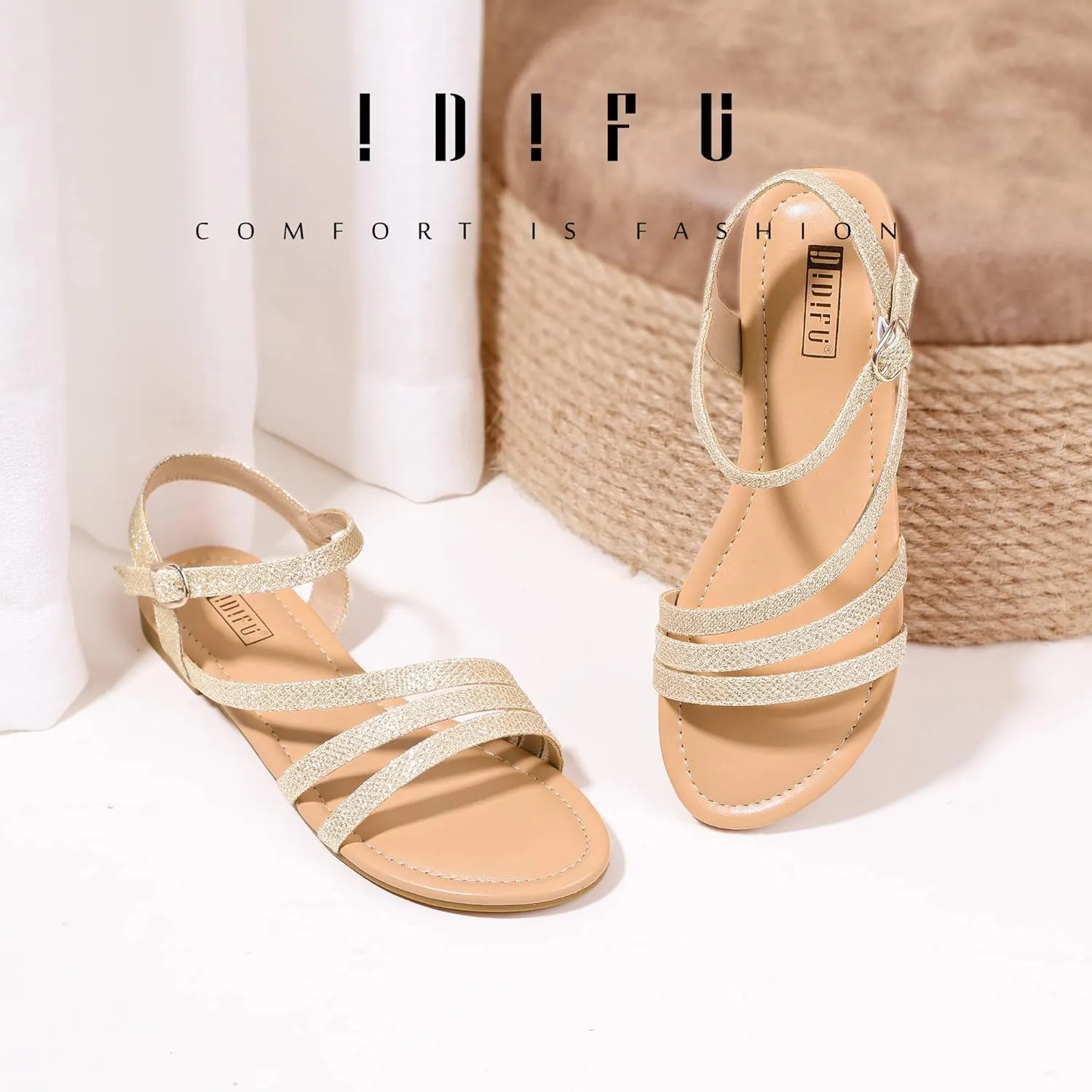 IDIFU Strappy Sandals for Women Dressy Summer Flat Sandals with Back Strap Open Toe Slingback Ankle Strap Sandals Wedding Bridal Prom Bride Bridesmaid Sandals Comfortable Cute Casual Dress Sandals