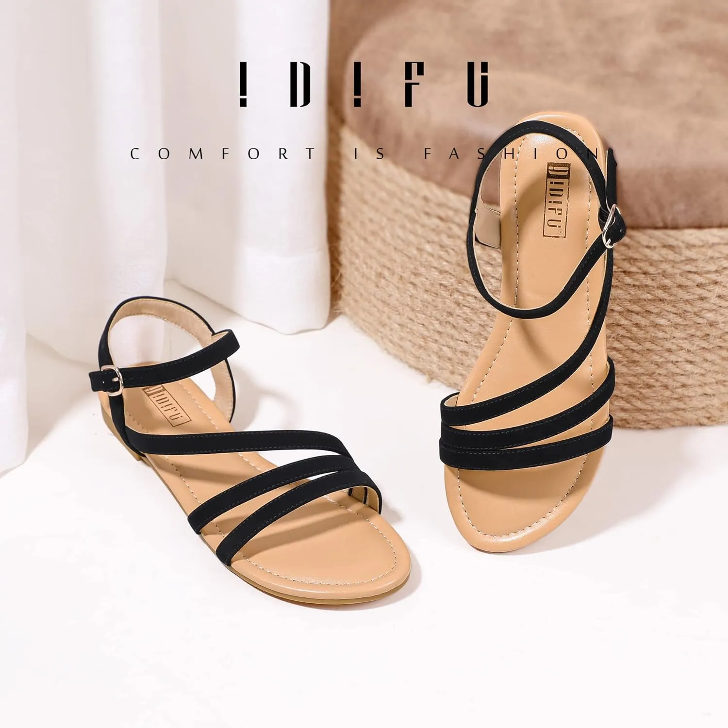 IDIFU Strappy Sandals for Women Dressy Summer Flat Sandals with Back Strap Open Toe Slingback Ankle Strap Sandals Wedding Bridal Prom Bride Bridesmaid Sandals Comfortable Cute Casual Dress Sandals