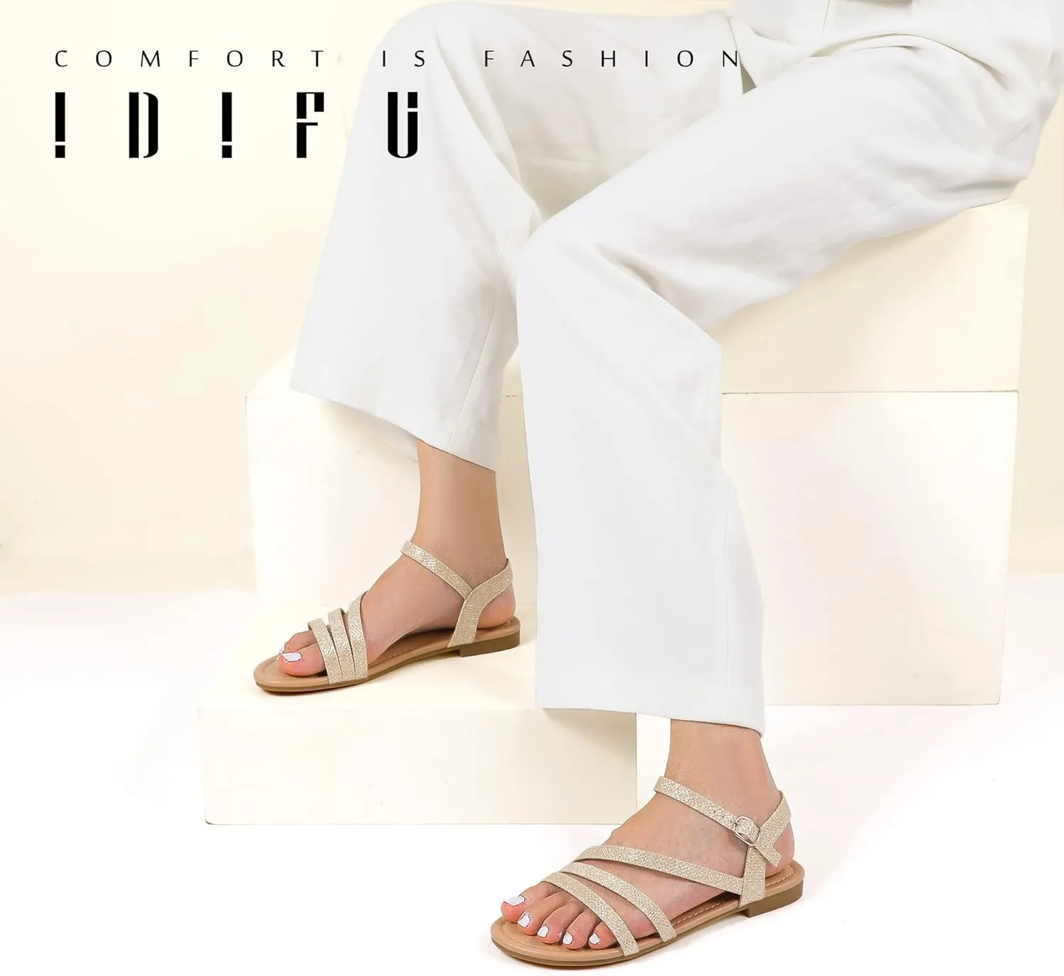 IDIFU Strappy Sandals for Women Dressy Summer Flat Sandals with Back Strap Open Toe Slingback Ankle Strap Sandals Wedding Bridal Prom Bride Bridesmaid Sandals Comfortable Cute Casual Dress Sandals
