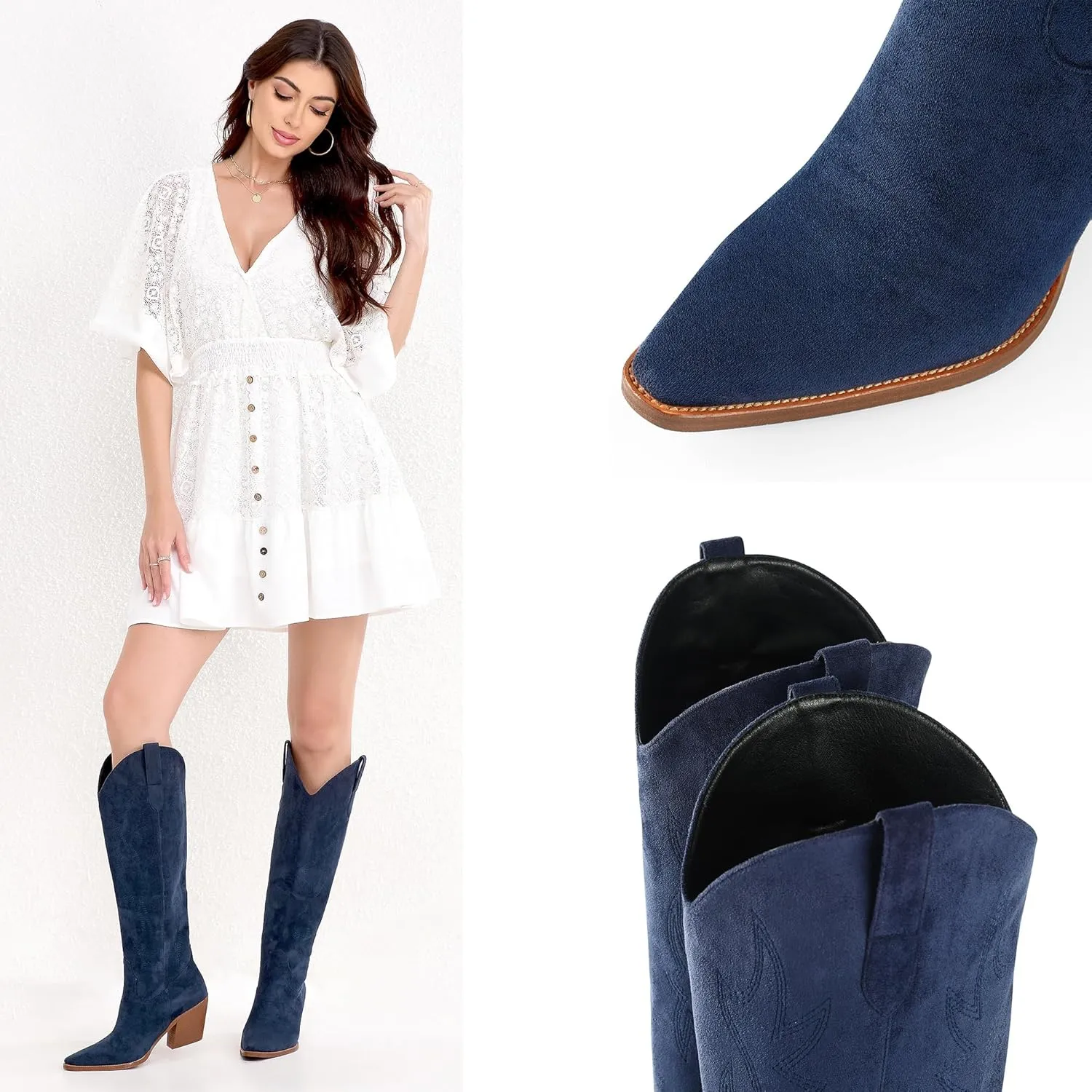 iiimmu Cowgirl Boots Women Knee High Boots Pointed Toe and Block Heel Cowboy Suede and Faux Leather Boots with Embroidered