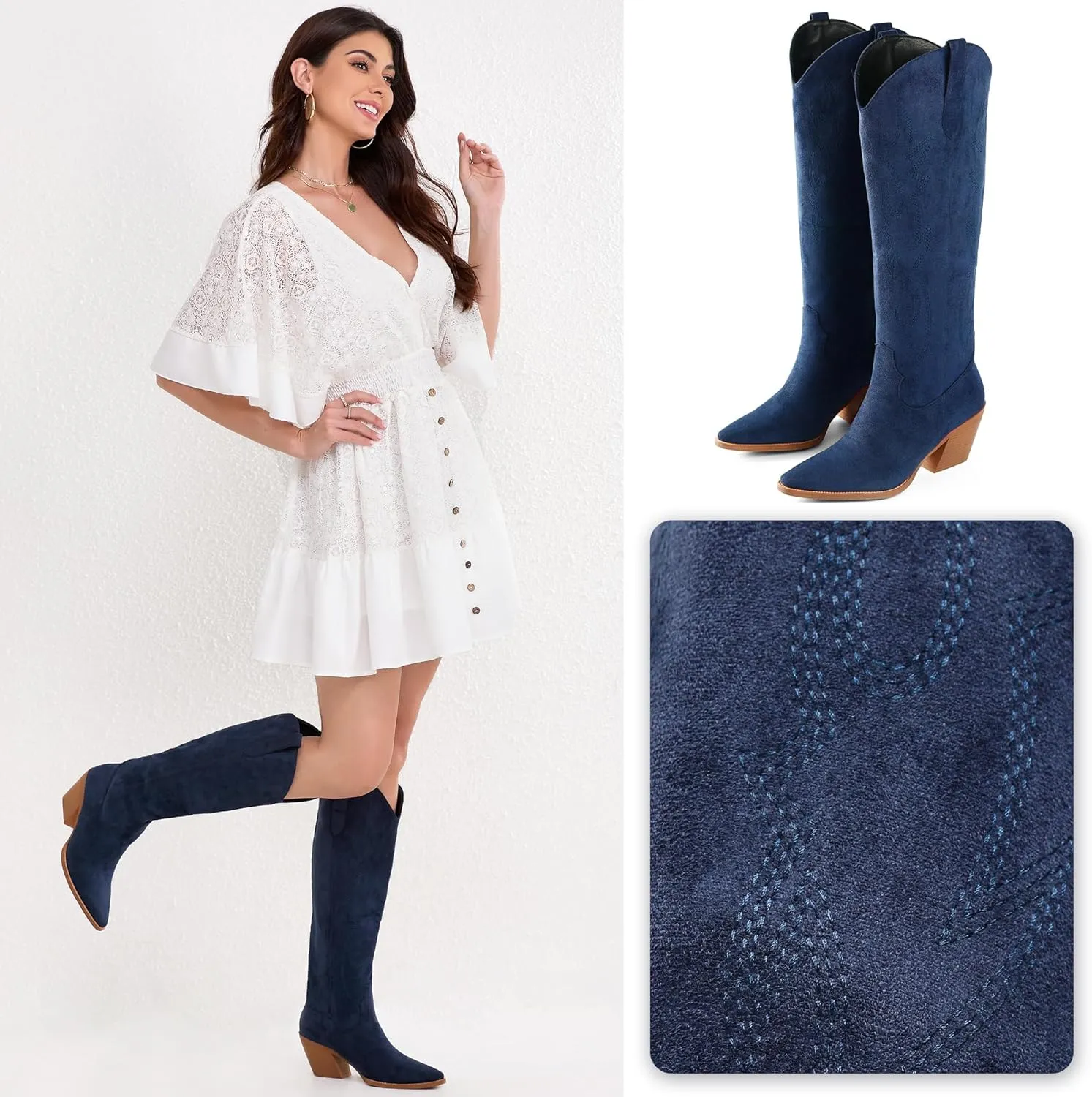 iiimmu Cowgirl Boots Women Knee High Boots Pointed Toe and Block Heel Cowboy Suede and Faux Leather Boots with Embroidered