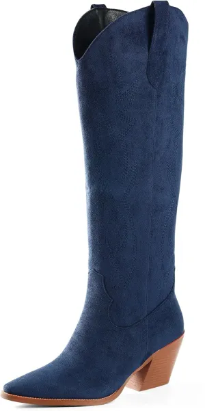 iiimmu Cowgirl Boots Women Knee High Boots Pointed Toe and Block Heel Cowboy Suede and Faux Leather Boots with Embroidered