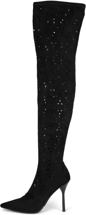 Jeffrey Campbell Adonia Black Suede Perforated Stiletto Heel Pointed Toe Boots