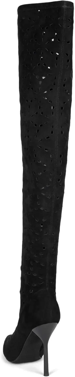 Jeffrey Campbell Adonia Black Suede Perforated Stiletto Heel Pointed Toe Boots