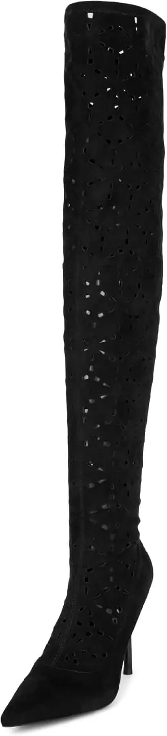 Jeffrey Campbell Adonia Black Suede Perforated Stiletto Heel Pointed Toe Boots