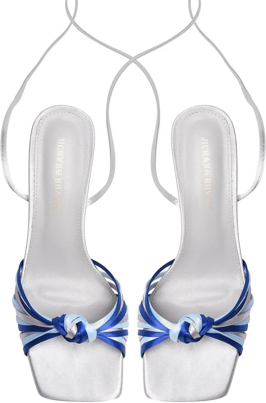 JIUHANG RHY ME Women's Square Toe Lace Up Stiletto Heeled Sandals,Strappy Heels for Women