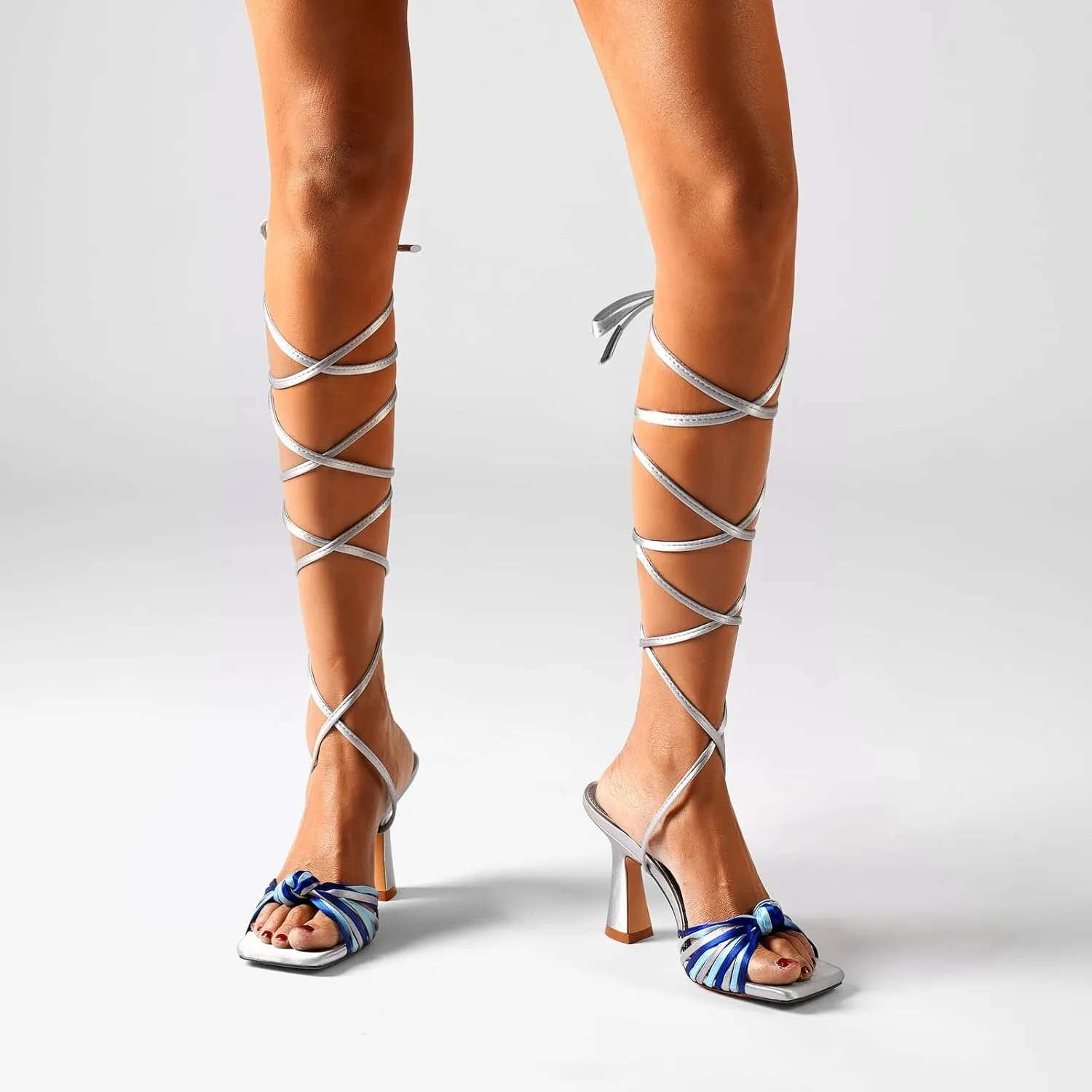 JIUHANG RHY ME Women's Square Toe Lace Up Stiletto Heeled Sandals,Strappy Heels for Women