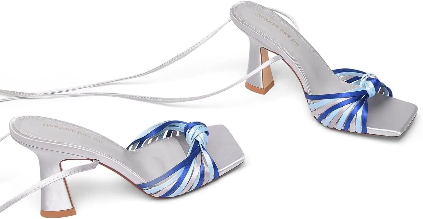 JIUHANG RHY ME Women's Square Toe Lace Up Stiletto Heeled Sandals,Strappy Heels for Women