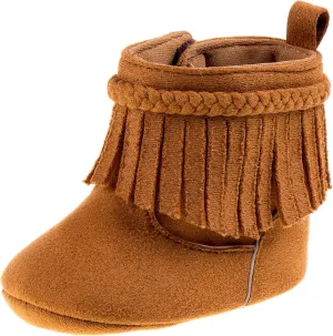 Josmo Baby Girls Fringe Boots Soft Suede Moccasin Crib Shoes Tassel Design Cozy First Walking Boots Size 2-4 Infant