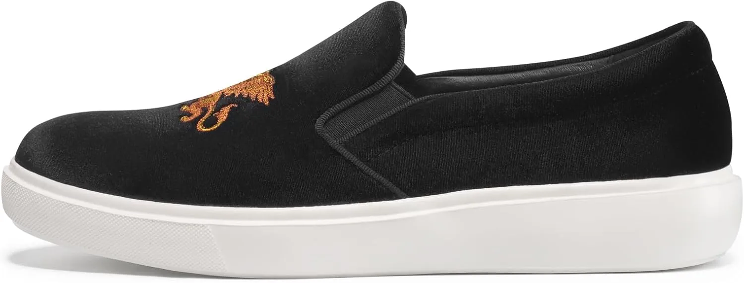 Journey West Men's Fashion Velvet Sneakers with Embroidery Comfortable Slip-On Walking Shoes for Men