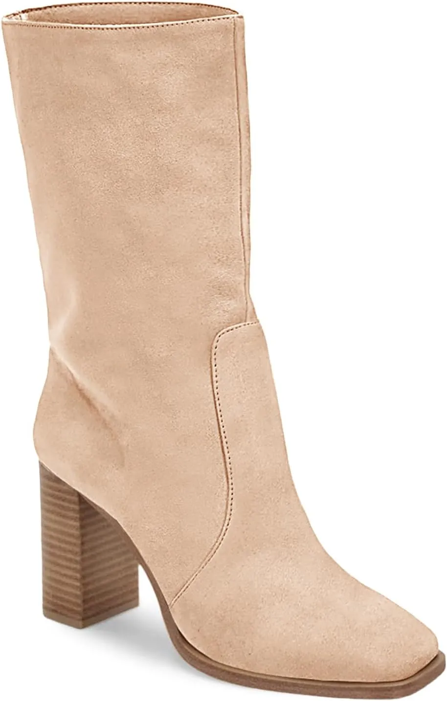 Juliet Holy Women’s Mid-calf Boots Chunky Stacked Heel Square Toe Side Zipper Slip-on Suede Winter Booties