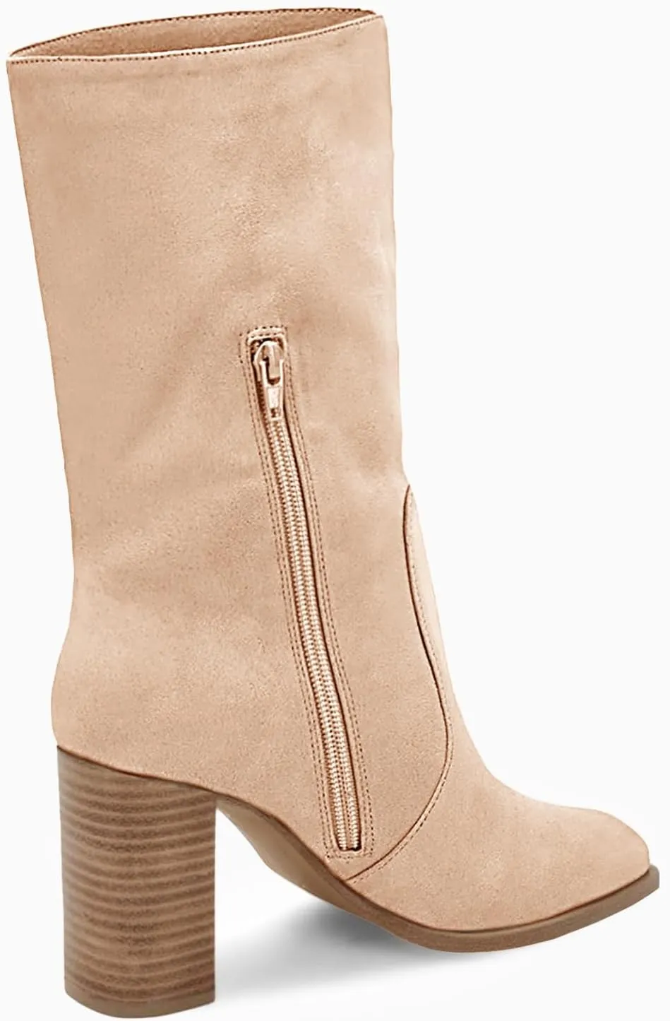 Juliet Holy Women’s Mid-calf Boots Chunky Stacked Heel Square Toe Side Zipper Slip-on Suede Winter Booties