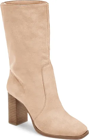 Juliet Holy Women’s Mid-calf Boots Chunky Stacked Heel Square Toe Side Zipper Slip-on Suede Winter Booties