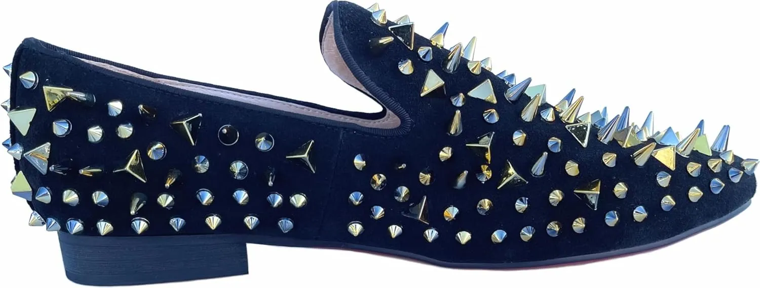 Justar Men's Leather Spikes Loafers Studded Dress Shoes Slip-on Flats Long Rivet Party Shoes