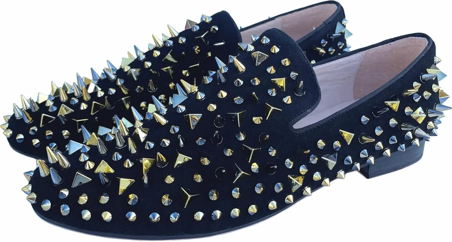 Justar Men's Leather Spikes Loafers Studded Dress Shoes Slip-on Flats Long Rivet Party Shoes