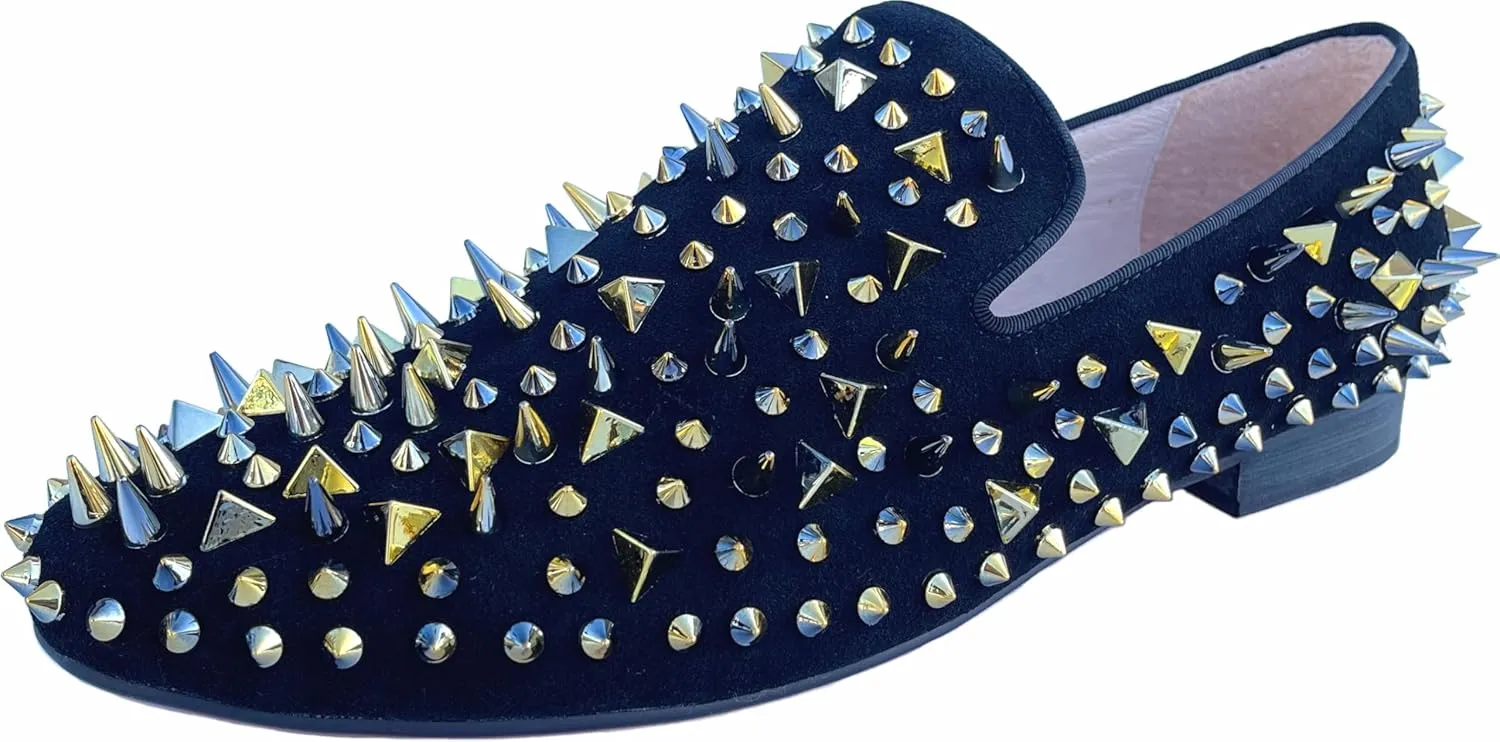 Justar Men's Leather Spikes Loafers Studded Dress Shoes Slip-on Flats Long Rivet Party Shoes