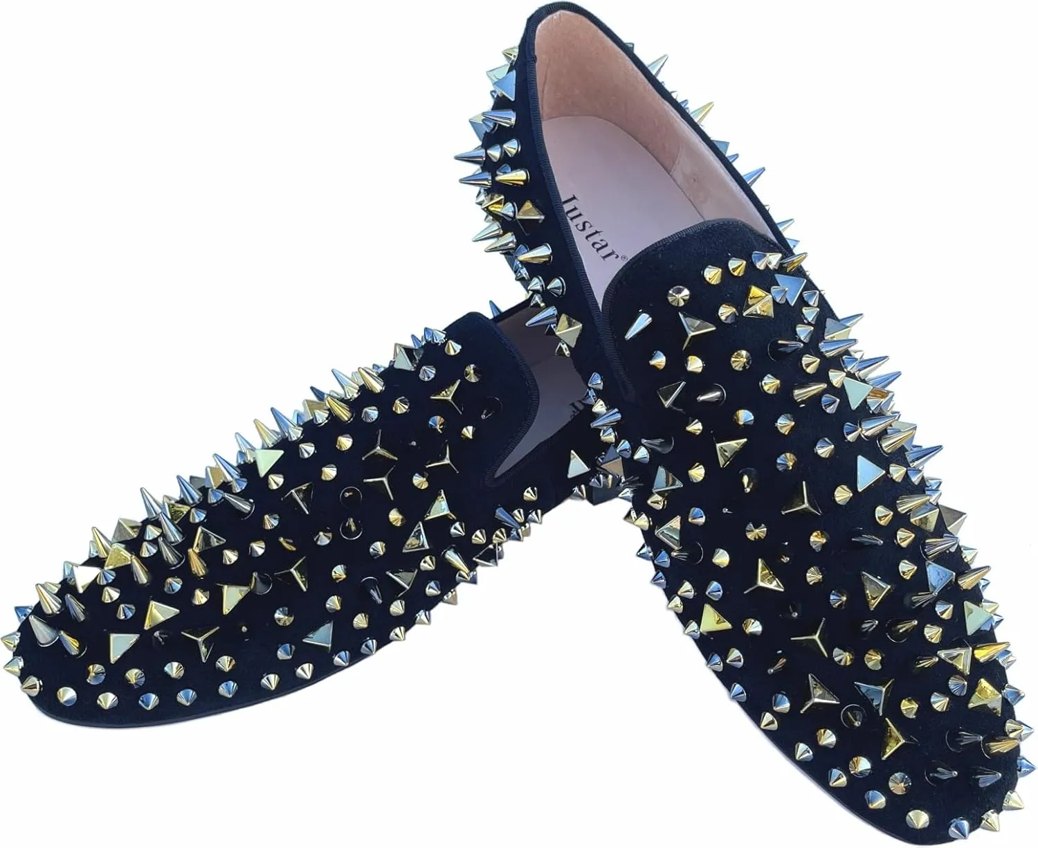 Justar Men's Leather Spikes Loafers Studded Dress Shoes Slip-on Flats Long Rivet Party Shoes