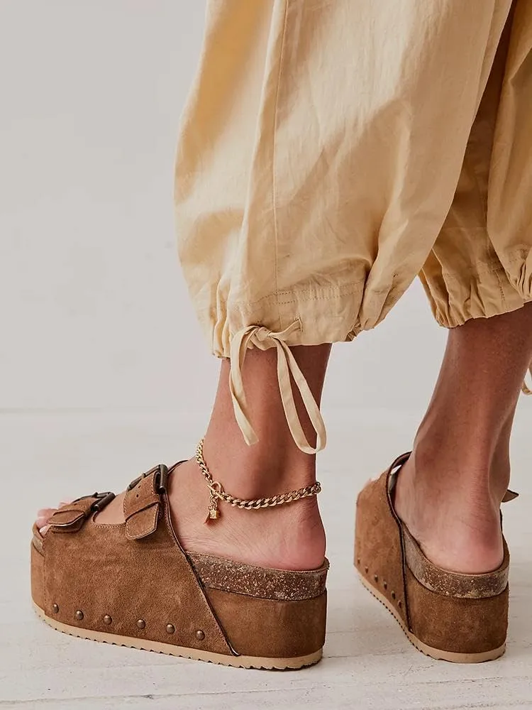 KaroNairy Studded Cork Platform Sandals For Women Slippers Clogs Platform Slip On Sandals Dual Buckled Suede/PU