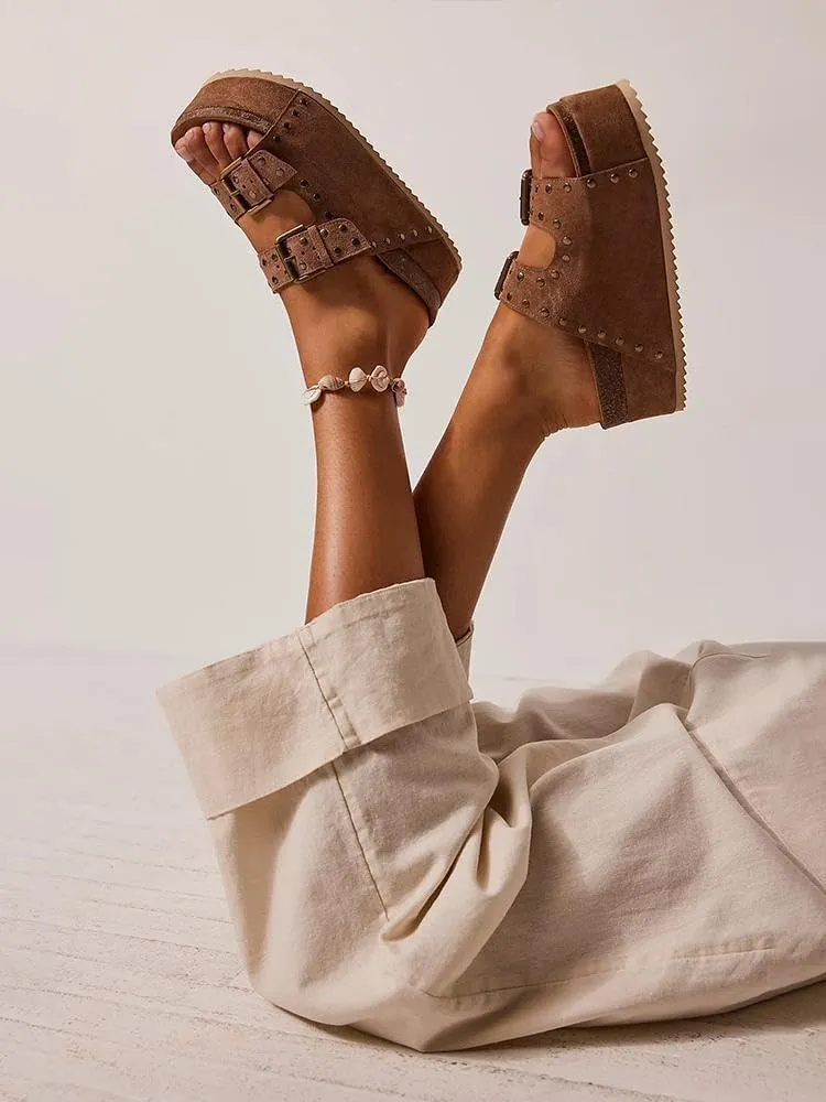 KaroNairy Studded Cork Platform Sandals For Women Slippers Clogs Platform Slip On Sandals Dual Buckled Suede/PU