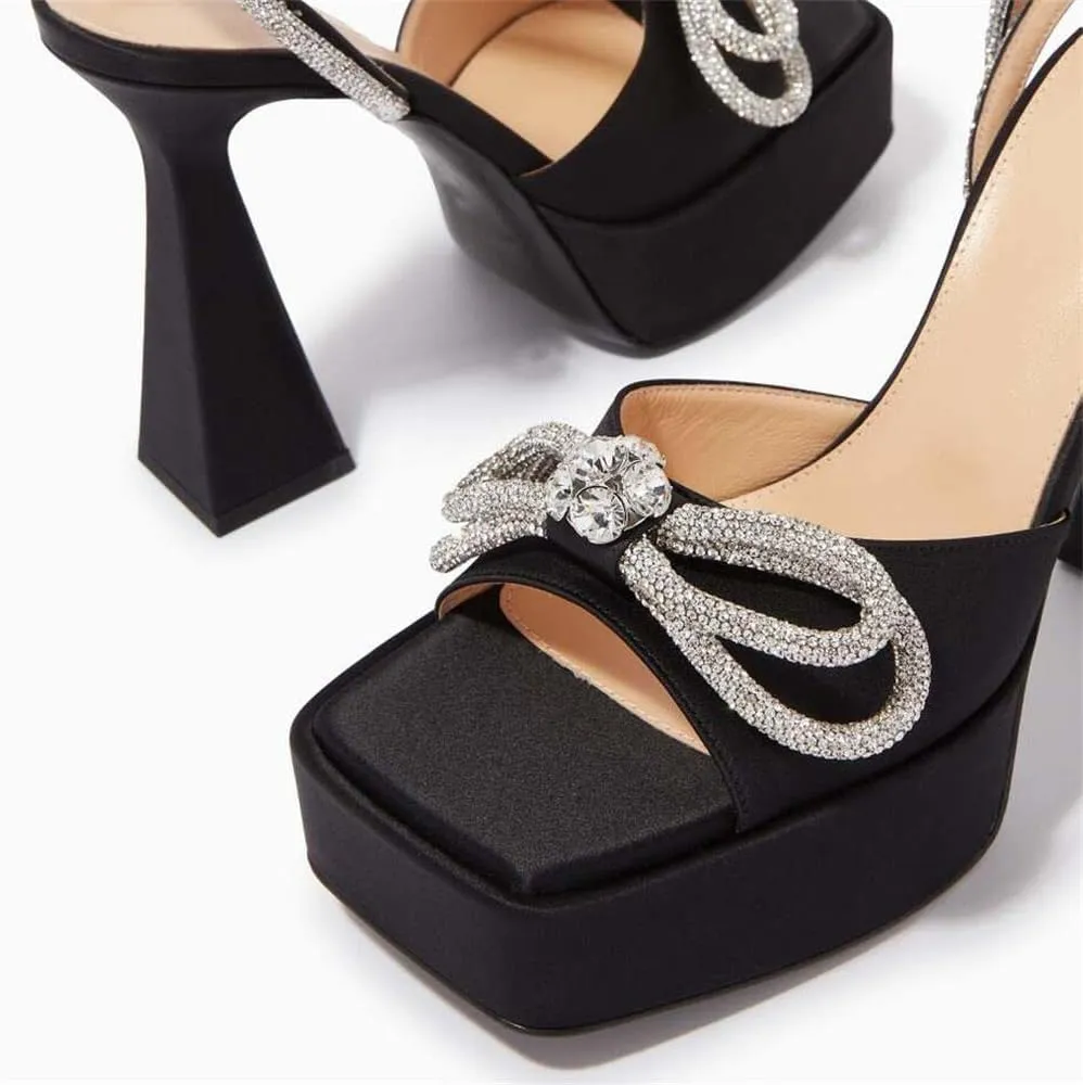 keleimusi Sparkling Bow Peep Toe Heeled Sandals Rhinestone Ankle Strap Dress Shoes
