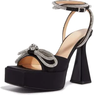 keleimusi Sparkling Bow Peep Toe Heeled Sandals Rhinestone Ankle Strap Dress Shoes