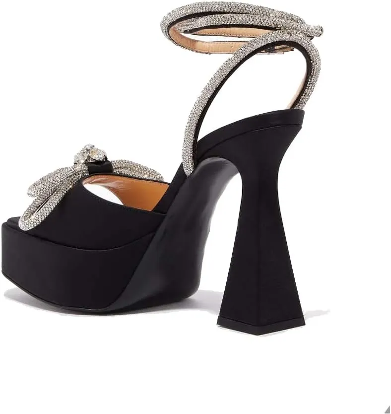 keleimusi Sparkling Bow Peep Toe Heeled Sandals Rhinestone Ankle Strap Dress Shoes