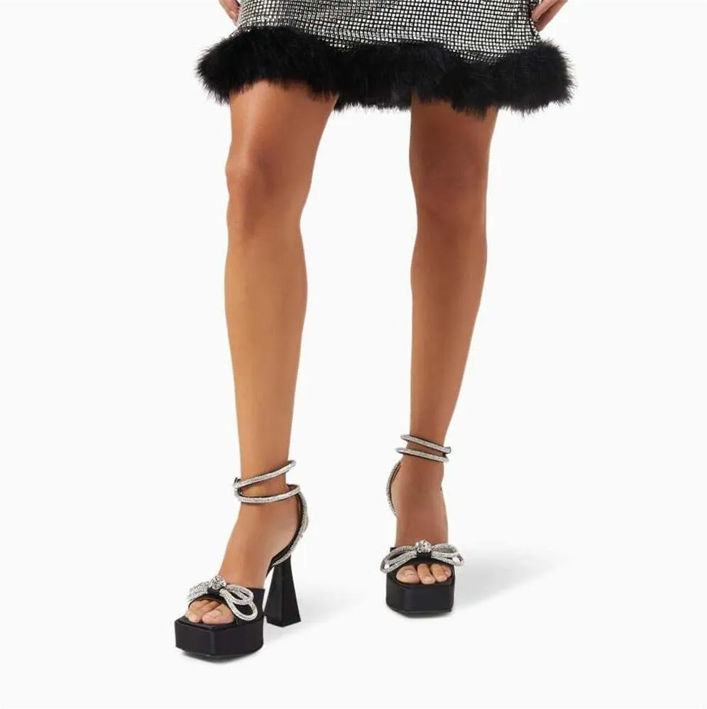 keleimusi Sparkling Bow Peep Toe Heeled Sandals Rhinestone Ankle Strap Dress Shoes