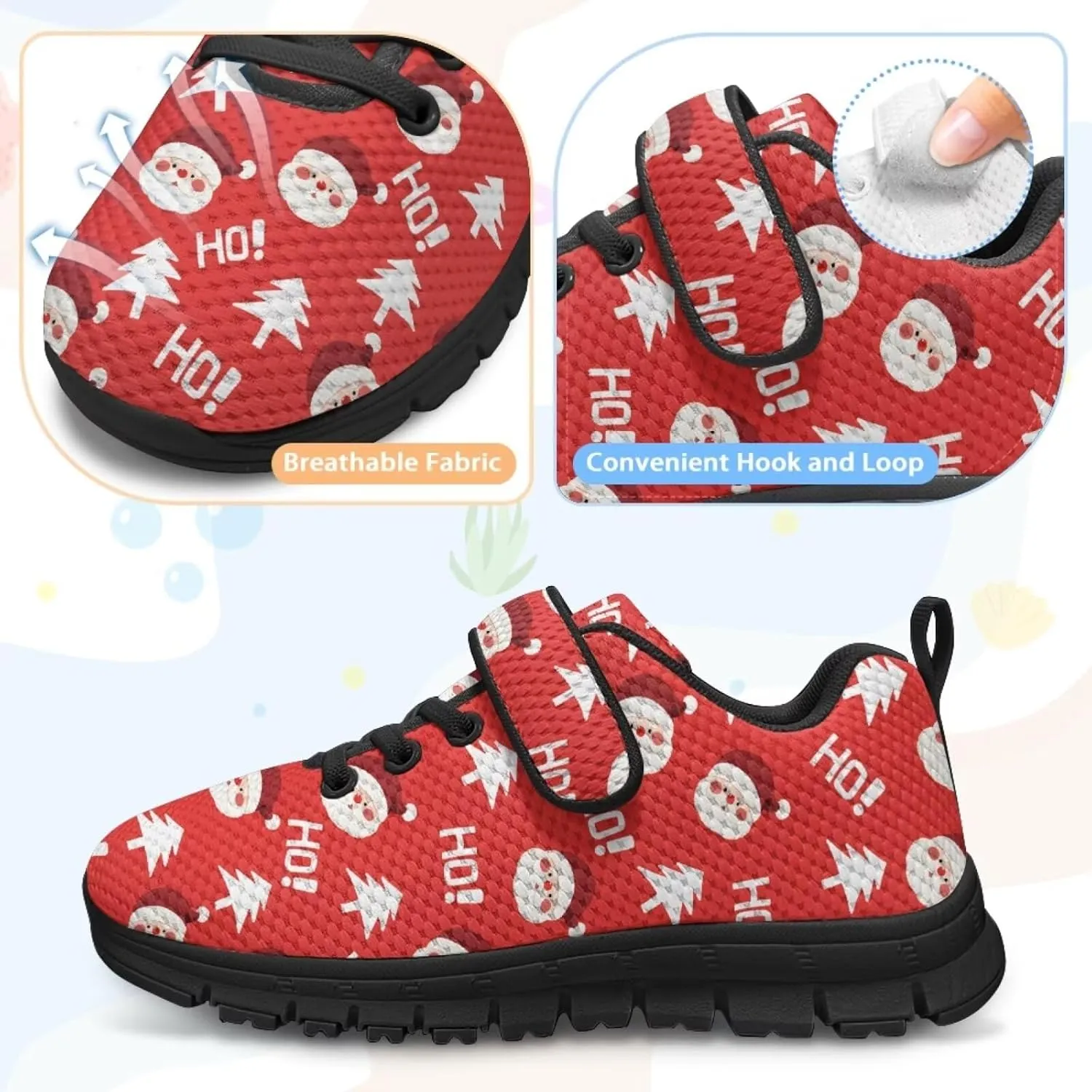 Kids Christmas Shoes for Girls Boys Single Buckle Sneakers Breathable Lightweight Mesh Running Walking Shoes