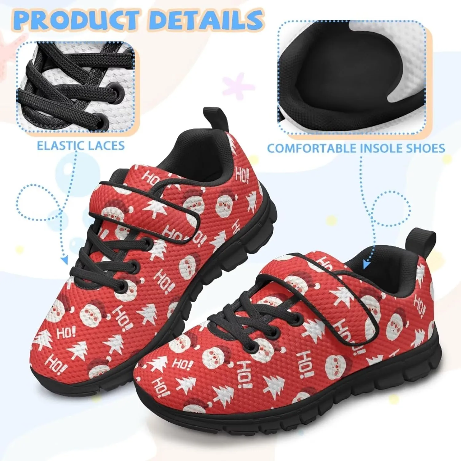 Kids Christmas Shoes for Girls Boys Single Buckle Sneakers Breathable Lightweight Mesh Running Walking Shoes