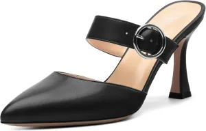 Kitten Heels Mules for Women - Pointed Toe Single-Strap with Round Buckle Slip-on Sandals Womens Party Wedding Pumps Stiletto