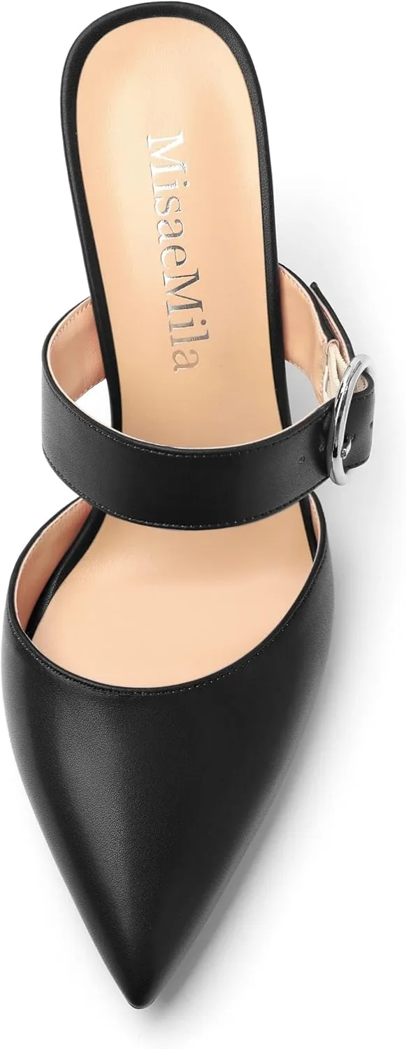 Kitten Heels Mules for Women - Pointed Toe Single-Strap with Round Buckle Slip-on Sandals Womens Party Wedding Pumps Stiletto