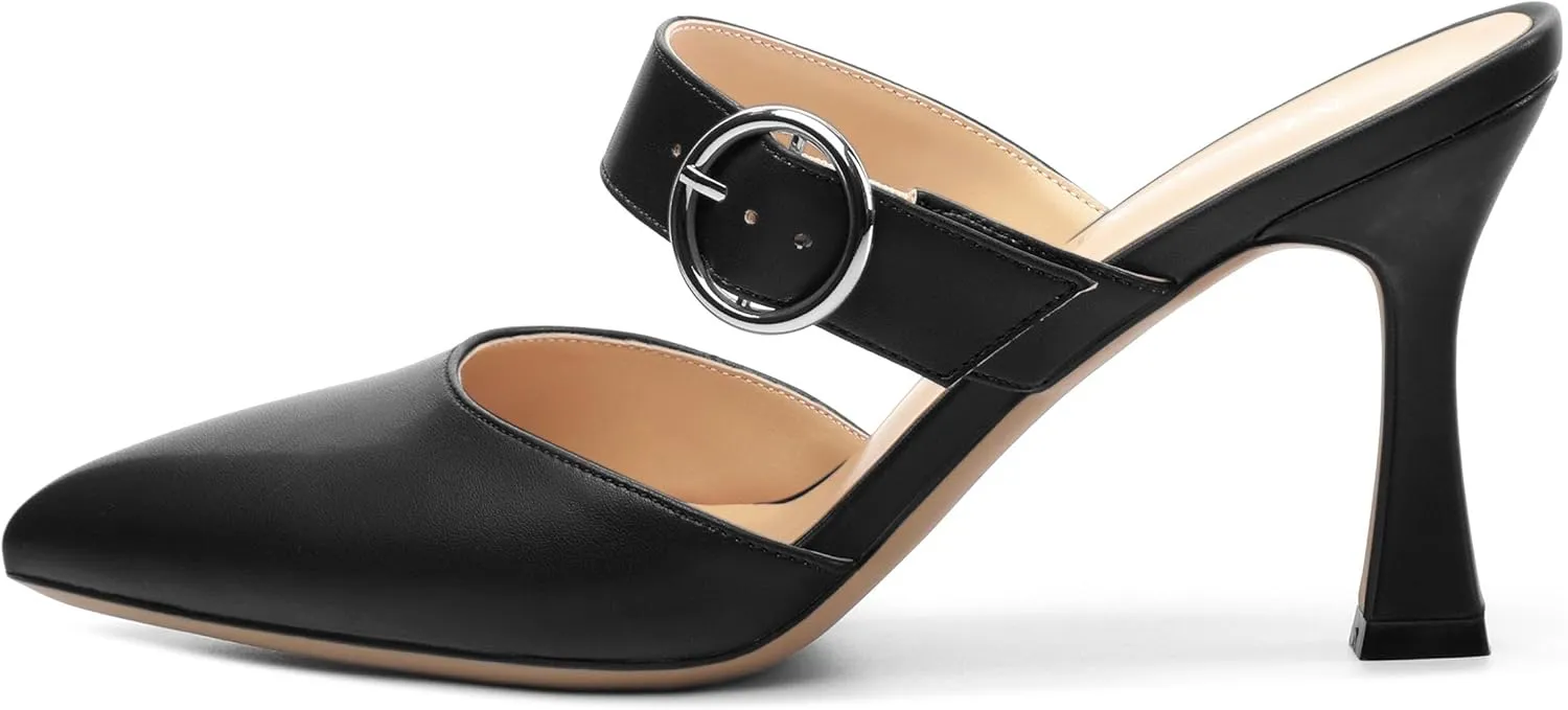 Kitten Heels Mules for Women - Pointed Toe Single-Strap with Round Buckle Slip-on Sandals Womens Party Wedding Pumps Stiletto