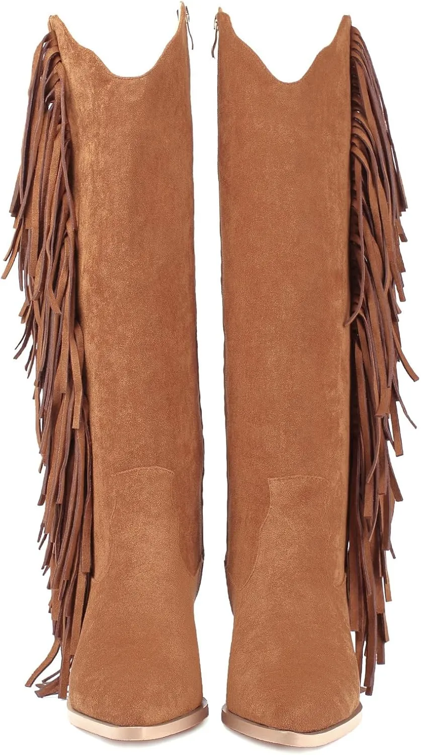 KiutSymo Cowgirl Fringe Boots For Women White Tassels Cowboy Boots Knee High Pointed Toe Western Boots