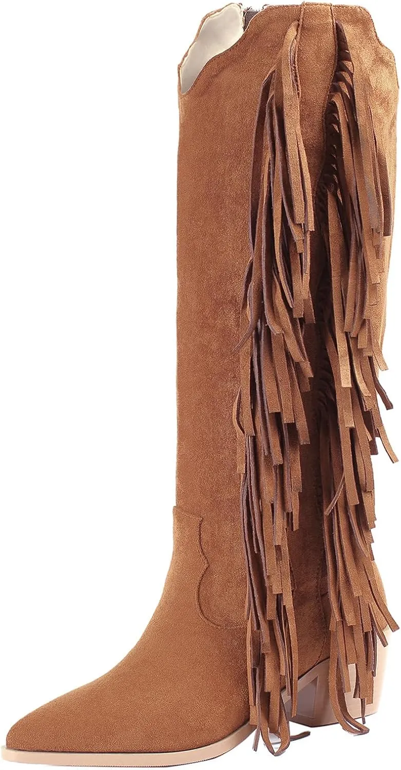 KiutSymo Cowgirl Fringe Boots For Women White Tassels Cowboy Boots Knee High Pointed Toe Western Boots