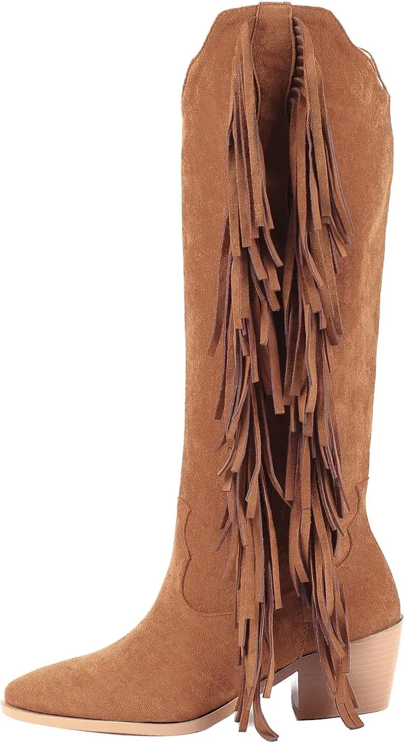 KiutSymo Cowgirl Fringe Boots For Women White Tassels Cowboy Boots Knee High Pointed Toe Western Boots