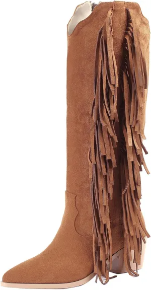 KiutSymo Cowgirl Fringe Boots For Women White Tassels Cowboy Boots Knee High Pointed Toe Western Boots