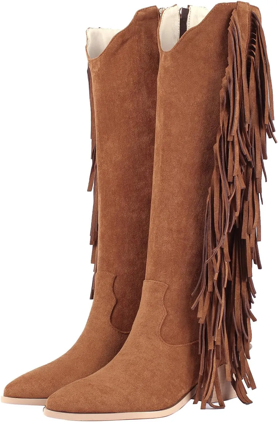 KiutSymo Cowgirl Fringe Boots For Women White Tassels Cowboy Boots Knee High Pointed Toe Western Boots