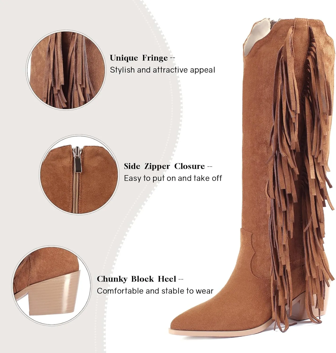 KiutSymo Cowgirl Fringe Boots For Women White Tassels Cowboy Boots Knee High Pointed Toe Western Boots