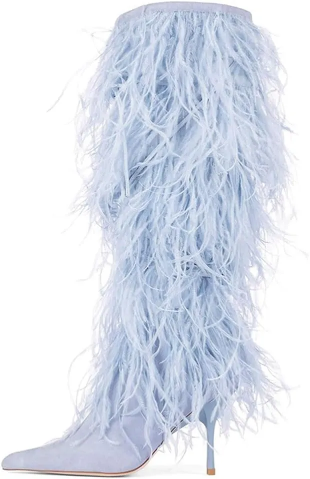 Kluolandi Women's Fringe Knee High Boots Stiletto Heel Boots with Feather Pointed Toe Tall Bootie Heels for Country Concerts and Parties