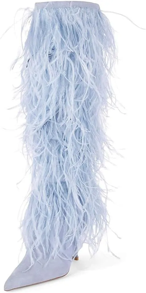 Kluolandi Women's Fringe Knee High Boots Stiletto Heel Boots with Feather Pointed Toe Tall Bootie Heels for Country Concerts and Parties