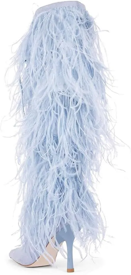 Kluolandi Women's Fringe Knee High Boots Stiletto Heel Boots with Feather Pointed Toe Tall Bootie Heels for Country Concerts and Parties