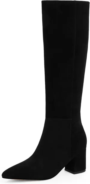 Knee High Boots for Women Chunky Heel Pointed Toe Boots Side Zipper Long Boots