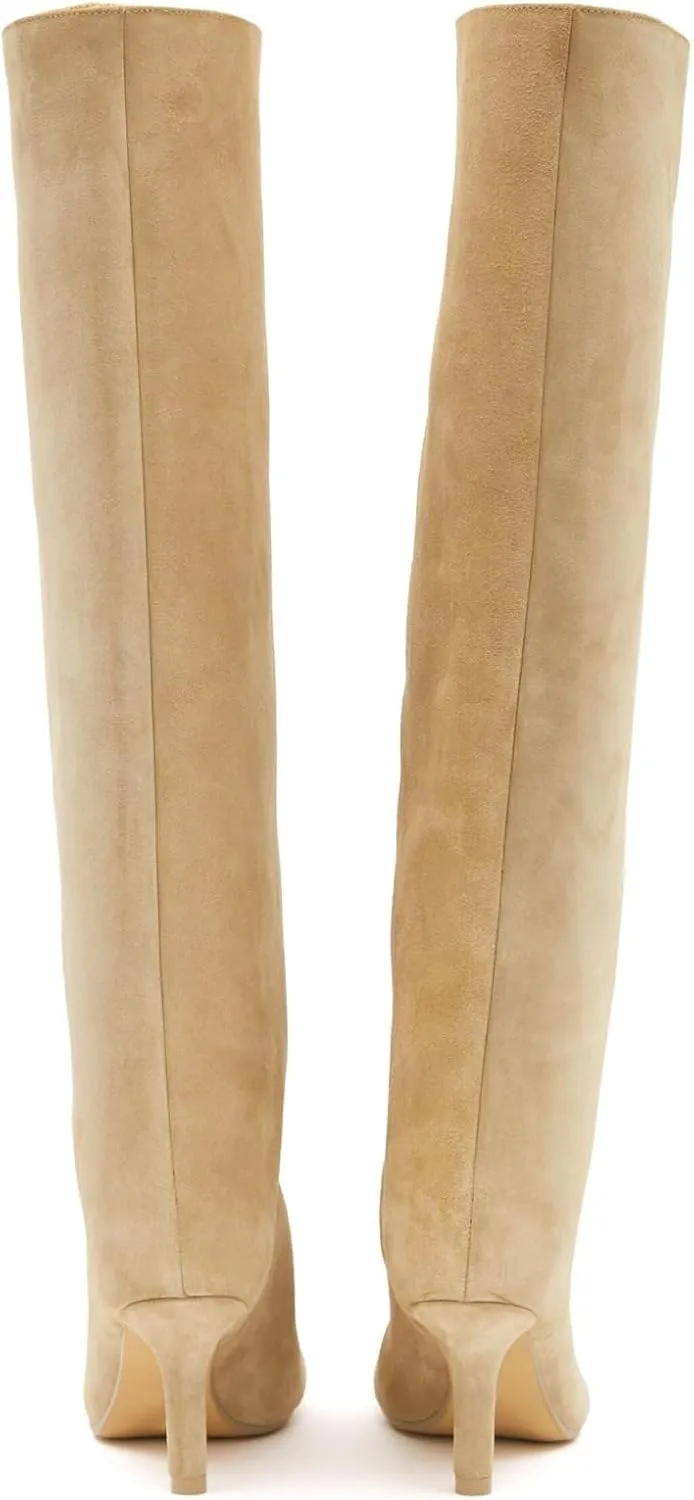 Knee High Boots Wide Calf Women Long Suede Square Toe Bootie Tall Cute Slouchy Fashion Boots Ladies Fall Booties