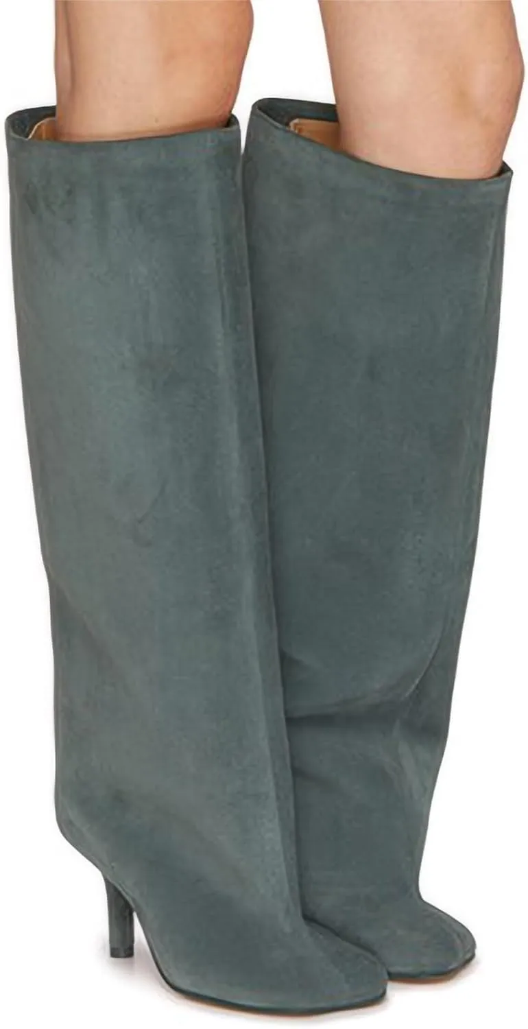 Knee High Boots Wide Calf Women Long Suede Square Toe Bootie Tall Cute Slouchy Fashion Boots Ladies Fall Booties