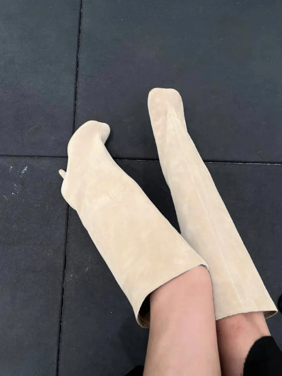 Knee High Boots Wide Calf Women Long Suede Square Toe Bootie Tall Cute Slouchy Fashion Boots Ladies Fall Booties